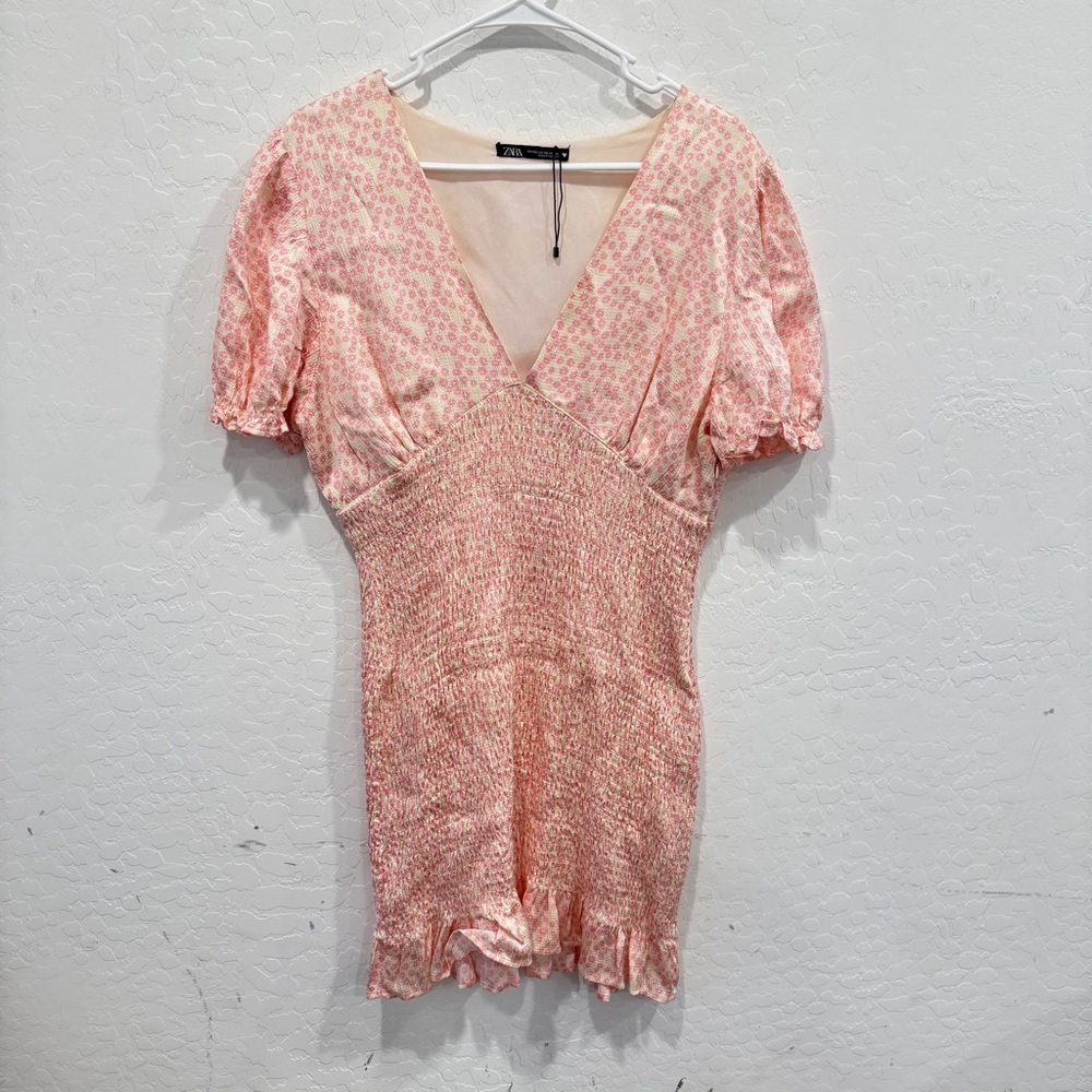 Zara Pink White Floral Mini Dress Womens XXL Smocked Ruffle Coquette Spring